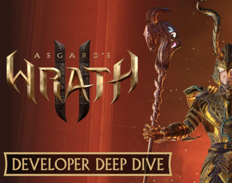 Asgard's wrath character holding a staff by the side of the game logo