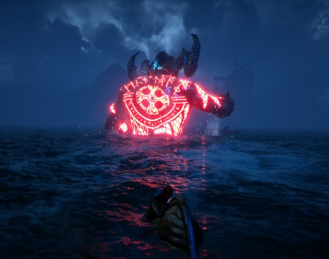 An Asgard's wrath character walking in the deep sea