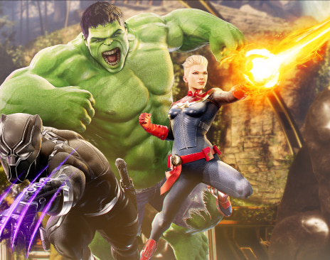 Hulk, Rocket Raccoon and other characters close to the Marvel Powers United VR logo
